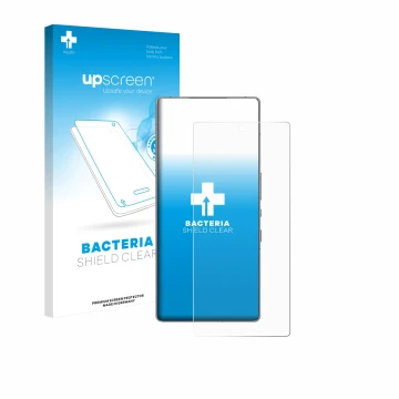 Parte frontal de un envase de producto con el logotipo de la marca upscreen. Al lado se muestra el dispositivo ZTE Nubia Red M