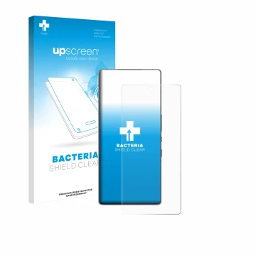 Parte frontal de un envase de producto con el logotipo de la marca upscreen. Al lado se muestra el dispositivo ZTE Nubia Red M