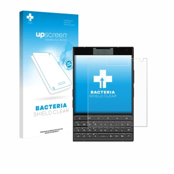 Parte frontal de un envase de producto con el logotipo de la marca upscreen. Al lado se muestra el dispositivo Unihertz Titan 