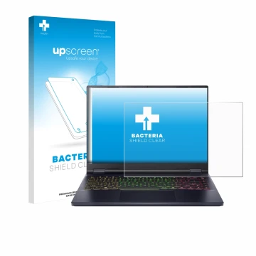 Parte frontal de un envase de producto con el logotipo de la marca upscreen. Al lado se muestra el dispositivo Acer Predator H