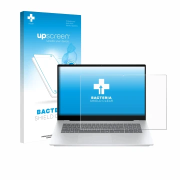 Parte frontal de un envase de producto con el logotipo de la marca upscreen. Al lado se muestra el dispositivo HP OmniBook 7 1