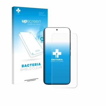 Parte frontal de un envase de producto con el logotipo de la marca upscreen. Al lado se muestra el dispositivo Xiaomi Redmi K9