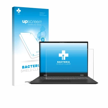 Parte frontal de un envase de producto con el logotipo de la marca upscreen. Al lado se muestra el dispositivo MSI Prestige 16