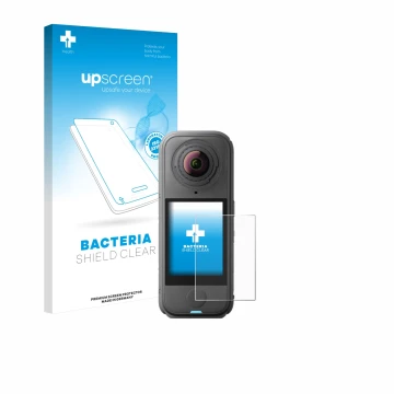 Parte frontal de un envase de producto con el logotipo de la marca upscreen. Al lado se muestra el dispositivo Insta360 X4 Air