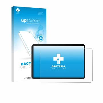 Parte frontal de un envase de producto con el logotipo de la marca upscreen. Al lado se muestra el dispositivo Doogee Tab G6 M