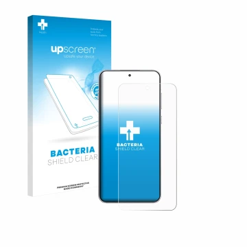 Parte frontal de un envase de producto con el logotipo de la marca upscreen. Al lado se muestra el dispositivo OnePlus 15R con