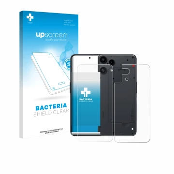 Parte frontal de un envase de producto con el logotipo de la marca upscreen. Al lado se muestra el dispositivo Nothing Phone (