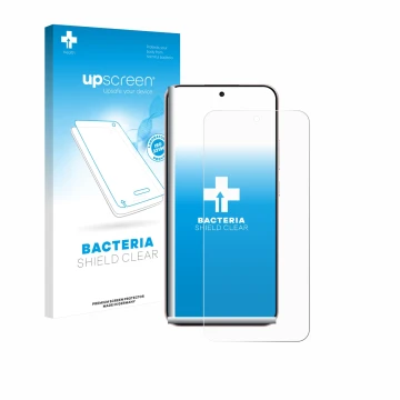 Parte frontal de un envase de producto con el logotipo de la marca upscreen. Al lado se muestra el dispositivo Oppo Reno 14 co