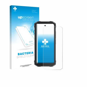 Parte frontal de un envase de producto con el logotipo de la marca upscreen. Al lado se muestra el dispositivo Cubot King Kong