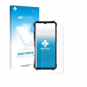Parte frontal de un envase de producto con el logotipo de la marca upscreen. Al lado se muestra el dispositivo Oukitel WP53 Pr