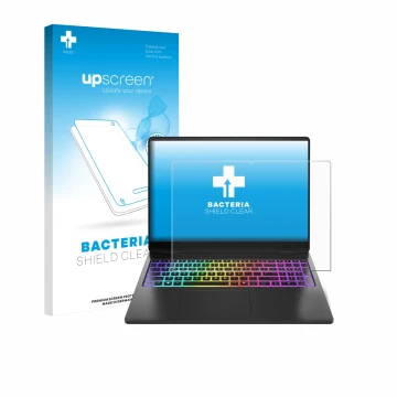 Parte frontal de un envase de producto con el logotipo de la marca upscreen. Al lado se muestra el dispositivo HP Omen Max 16 