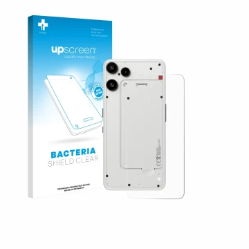 Parte frontal de un envase de producto con el logotipo de la marca upscreen. Al lado se muestra el dispositivo Nothing Phone (