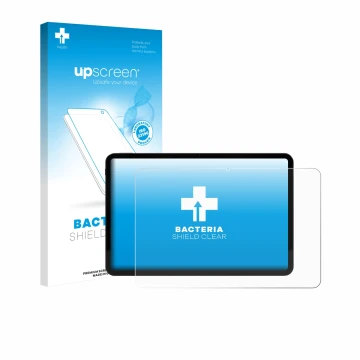 Parte frontal de un envase de producto con el logotipo de la marca upscreen. Al lado se muestra el dispositivo Volla Tablet 12