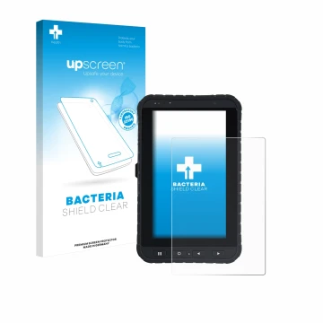 Parte frontal de un envase de producto con el logotipo de la marca upscreen. Al lado se muestra el dispositivo Winmate M700DQ8