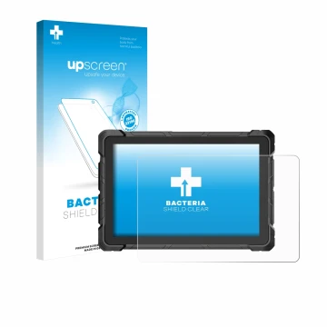 Parte frontal de un envase de producto con el logotipo de la marca upscreen. Al lado se muestra el dispositivo Higole F7G Rugg