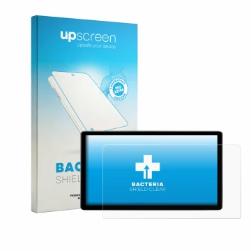 Parte frontal de un envase de producto con el logotipo de la marca upscreen. Al lado se muestra el dispositivo Skoda Elroq 85 