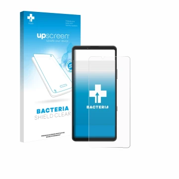 Parte frontal de un envase de producto con el logotipo de la marca upscreen. Al lado se muestra el dispositivo Sony Xperia 10 