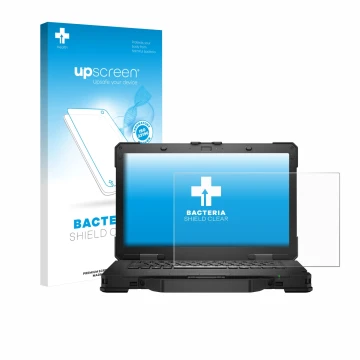 Parte frontal de un envase de producto con el logotipo de la marca upscreen. Al lado se muestra el dispositivo Dell Pro Rugged