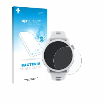 Parte frontal de un envase de producto con el logotipo de la marca upscreen. Al lado se muestra el dispositivo Coros Pace 4 co