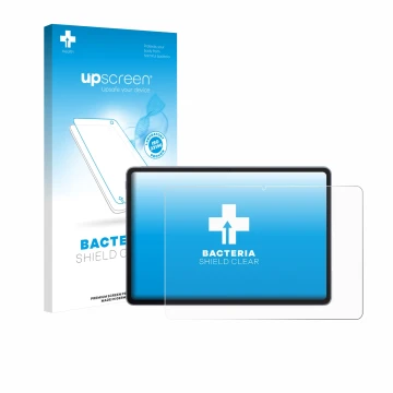 Parte frontal de un envase de producto con el logotipo de la marca upscreen. Al lado se muestra el dispositivo Huawei MatePad 