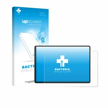 Parte frontal de un envase de producto con el logotipo de la marca upscreen. Al lado se muestra el dispositivo Huawei MatePad 