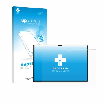 Parte frontal de un envase de producto con el logotipo de la marca upscreen. Al lado se muestra el dispositivo Huawei MatePad 