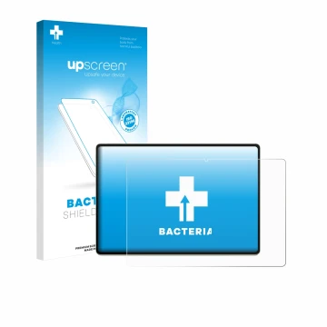 Parte frontal de un envase de producto con el logotipo de la marca upscreen. Al lado se muestra el dispositivo Huawei MatePad 
