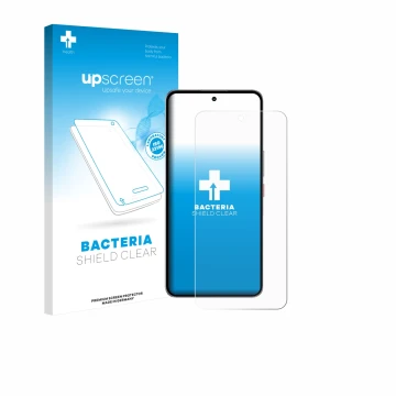Parte frontal de un envase de producto con el logotipo de la marca upscreen. Al lado se muestra el dispositivo Nubia Neo 3 GT 