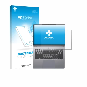 Parte frontal de un envase de producto con el logotipo de la marca upscreen. Al lado se muestra el dispositivo Tuxedo Infinity