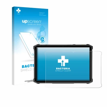 Parte frontal de un envase de producto con el logotipo de la marca upscreen. Al lado se muestra el dispositivo Ulefone Armor P