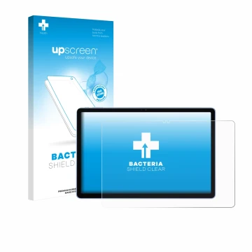 Parte frontal de un envase de producto con el logotipo de la marca upscreen. Al lado se muestra el dispositivo Itel VistaTab 3