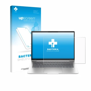 Parte frontal de un envase de producto con el logotipo de la marca upscreen. Al lado se muestra el dispositivo HP ProBook 4 G1