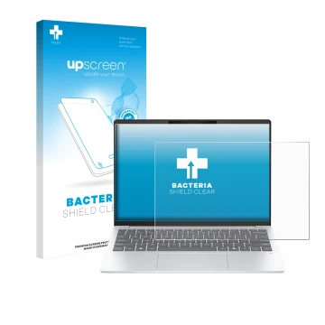 Parte frontal de un envase de producto con el logotipo de la marca upscreen. Al lado se muestra el dispositivo HP OmniBook 7 A