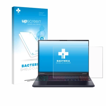 Parte frontal de un envase de producto con el logotipo de la marca upscreen. Al lado se muestra el dispositivo Acer Predator H