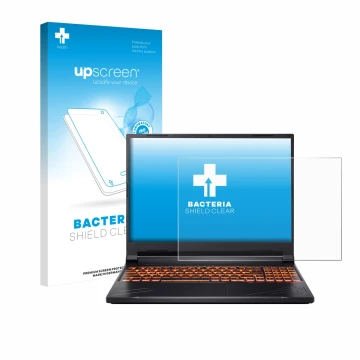 Parte frontal de un envase de producto con el logotipo de la marca upscreen. Al lado se muestra el dispositivo Acer Nitro V 16
