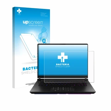 Parte frontal de un envase de producto con el logotipo de la marca upscreen. Al lado se muestra el dispositivo ASUS ROG Strix 