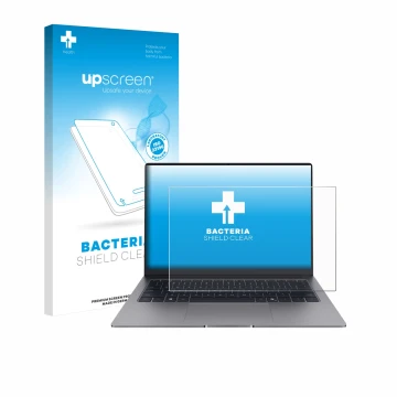 Parte frontal de un envase de producto con el logotipo de la marca upscreen. Al lado se muestra el dispositivo Honor MagicBook