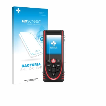 Parte frontal de un envase de producto con el logotipo de la marca upscreen. Al lado se muestra el dispositivo Leica DISTO X3 