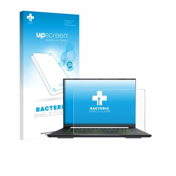 Parte frontal de un envase de producto con el logotipo de la marca upscreen. Al lado se muestra el dispositivo Gigabyte AERO X