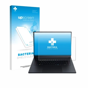 Parte frontal de un envase de producto con el logotipo de la marca upscreen. Al lado se muestra el dispositivo Razer Blade 16 