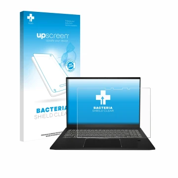 Parte frontal de un envase de producto con el logotipo de la marca upscreen. Al lado se muestra el dispositivo MSI Summit A16 