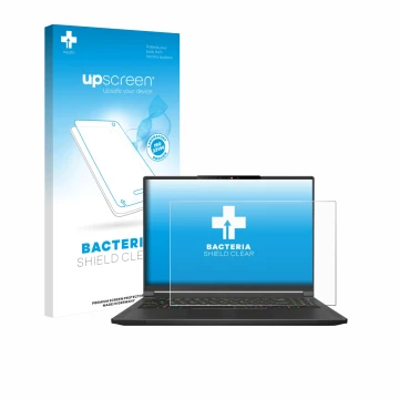 Parte frontal de un envase de producto con el logotipo de la marca upscreen. Al lado se muestra el dispositivo MSI Stealth A16