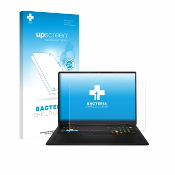 Parte frontal de un envase de producto con el logotipo de la marca upscreen. Al lado se muestra el dispositivo MSI Vector A18 