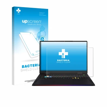 Parte frontal de un envase de producto con el logotipo de la marca upscreen. Al lado se muestra el dispositivo MSI Raider 18 H