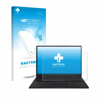 Parte frontal de un envase de producto con el logotipo de la marca upscreen. Al lado se muestra el dispositivo MSI Titan 18 HX