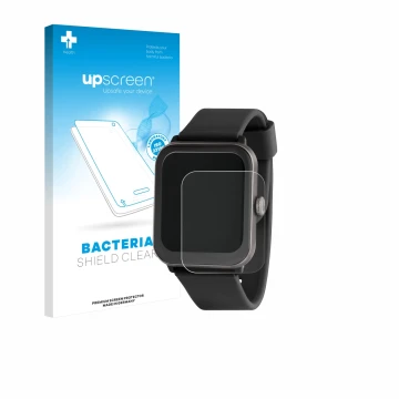 Parte frontal de un envase de producto con el logotipo de la marca upscreen. Al lado se muestra el dispositivo Sector Smartwat