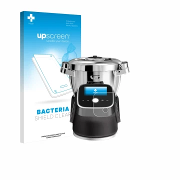 Parte frontal de un envase de producto con el logotipo de la marca upscreen. Al lado se muestra el dispositivo Moulinex i-Comp
