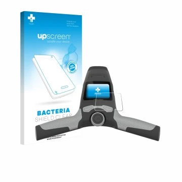 Parte frontal de un envase de producto con el logotipo de la marca upscreen. Al lado se muestra el dispositivo PowaKaddy FW5s 