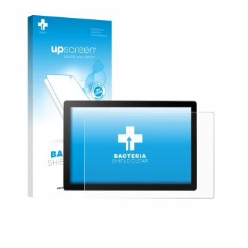 Parte frontal de un envase de producto con el logotipo de la marca upscreen. Al lado se muestra el dispositivo Wacom Cintiq 16