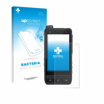 Parte frontal de un envase de producto con el logotipo de la marca upscreen. Al lado se muestra el dispositivo Uniwa F400 con 
